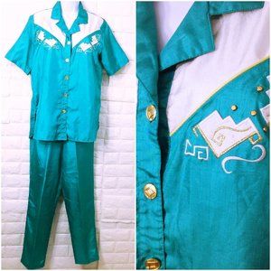 Vintage 90s Erin London 2-pc Set Shirt Comfort Pant sz-S Novelty Grandma Chic